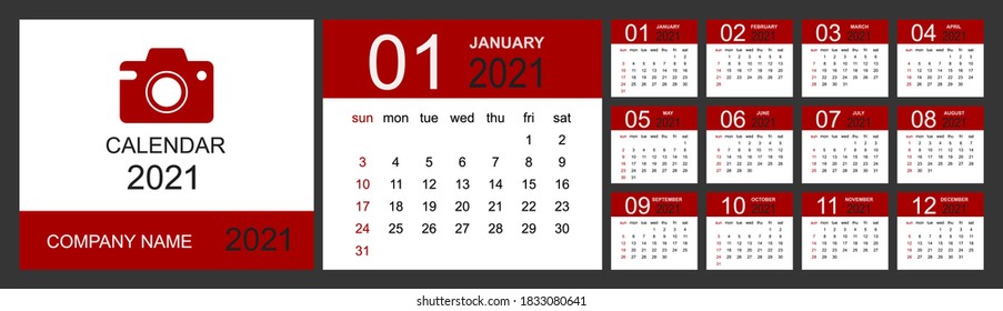 Kalender 2021. Schreibtisch Kalendervorlage. Set von 12 Monaten, Planer, Woche beginnt am Sonntag. Einzelne Vektorgrafik