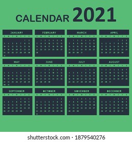 Calendar 2021 in English language, week starts on Sunday. Vector calendar 2021 year.