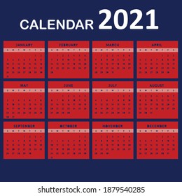 Calendar 2021 in English language, week starts on Sunday. Vector calendar 2021 year.