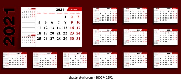 Calendar 2021, English pocket calendar. Basic grid Calendar template for 2021 year. Planner diary in a minimalist style. Corporate and business calendar.