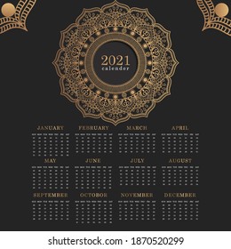 Calendar 2021 February month. with hand drawn mandala. calendar mandala coloring page template. black and golden illustration.