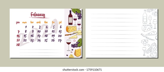 Calendar for 2021. February. Calendar sheets with painted cheese and wine products and a place for writing notes and recipes.