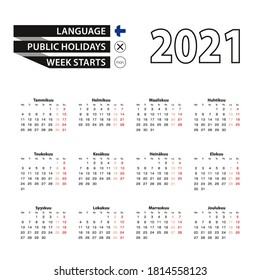 Calendar 2021 in Finnish language, week starts on Monday. Vector calendar 2021 year.