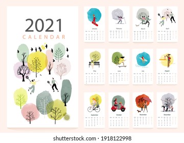 calendar 2021 with flat and watercolor illustration of human activity.