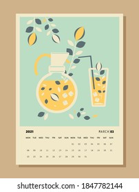 Calendar 2021 format A4 on March. Month planner with seasonal drink. Refreshing herbal drink with leaves in a jug and a tall glass with ice and a straw. Vector stock illustration. Vintage decor cafe.