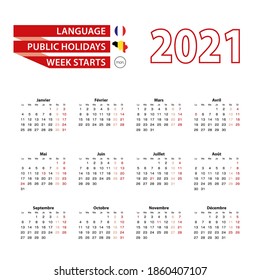 Calendar 2021 in French language with public holidays the country of Belgium in year 2021. Week starts from Monday. Vector Illustration.