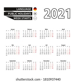 Calendar 2021 in German language, week starts on Monday. Vector calendar 2021 year.