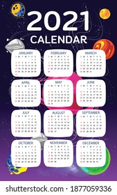 Calendario 2021 brillante patrón de galaxia rodeado de muchas estrellas