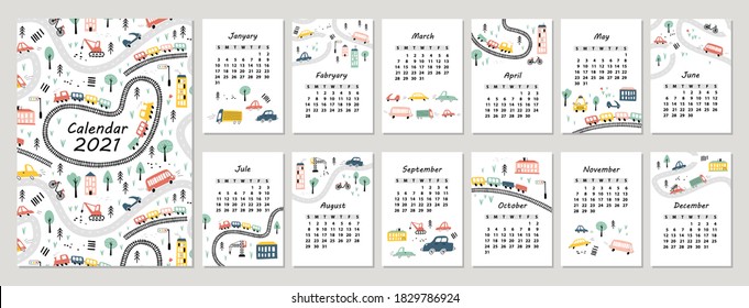 Calendar 2021 with hand drawn cars and road. Vector illustrations