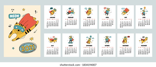 Calendar 2021 with hand-drawn cats and dogs in comic costumes. Set of 12 months. Vertical.Vector illustration with 
animals. 