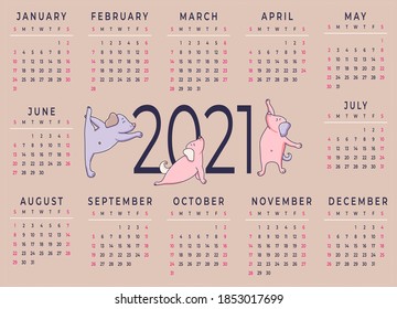 Calendar 2021. Horizontal template for a year - 12 months. Design - Yoga for pets. Cute funny dogs are engaged in meditation and fitness. Planner, stationery, print. Vector illustration. A3