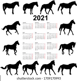 Calendar for 2021 of horse silhouettes isolated on white background