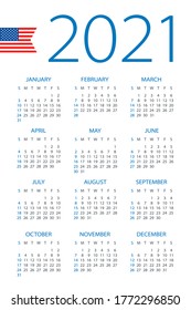 Calendar 2021 - illustration. American version. Week starts on Sunday