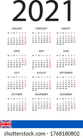 Calendar 2021 - illustration. English version. Week starts on Monday