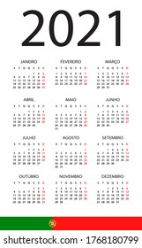 Calendar 2021 - illustration. Portuguese version.Week starts on Monday