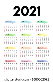 Calendar for 2021 isolated on a white background. Sunday to Monday, business template. Vector illustration