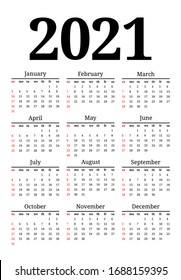 Calendar for 2021 isolated on a white background. Sunday to Monday, business template. Vector illustration