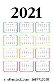 Calendar for 2021 isolated on a white background. Sunday to Monday, business template. Vector illustration
