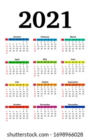 Calendar for 2021 isolated on a white background. Sunday to Monday, business template. Vector illustration