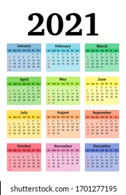 Calendar for 2021 isolated on a white background. Sunday to Monday, business template. Vector illustration