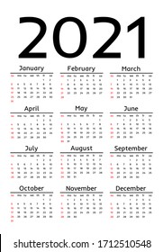 Calendar for 2021 isolated on a white background. Sunday to Monday, business template. Vector illustration