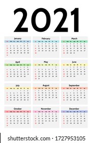 Calendar For 2021 Isolated On A White Background. Sunday To Monday, Business Template. Vector Illustration