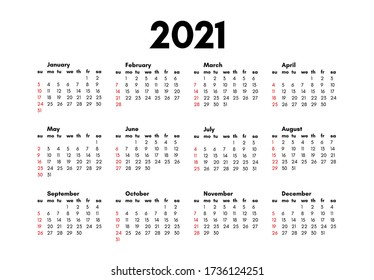 Calendar for 2021 isolated on a white background. Sunday to Monday, business template. Vector illustration