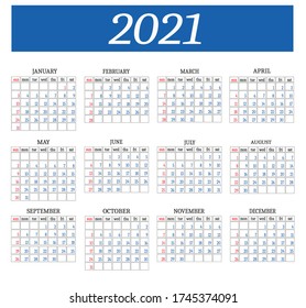 Calendar for 2021 isolated on a white background. Sunday to Monday, business template. Vector illustration