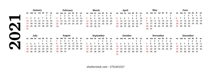 Calendar for 2021 isolated on a white background. Sunday to Monday, business template. Vector illustration