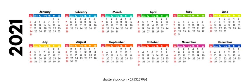 Calendar for 2021 isolated on a white background. Sunday to Monday, business template. Vector illustration