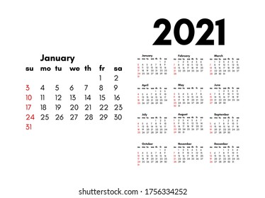 Calendar for 2021 isolated on a white background. Sunday to Monday, business template. Vector illustration
