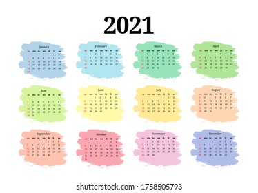 Calendar for 2021 isolated on a white background. Sunday to Monday, business template. Vector illustration