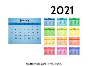 Calendar for 2021 isolated on a white background. Sunday to Monday, business template. Vector illustration
