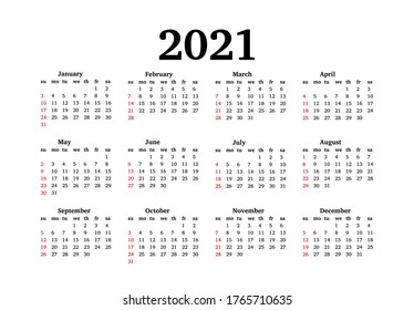 Calendar for 2021 isolated on a white background. Sunday to Monday, business template. Vector illustration