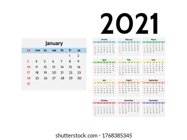 Calendar for 2021 isolated on a white background. Sunday to Monday, business template. Vector illustration
