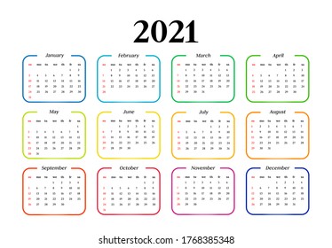 Calendar for 2021 isolated on a white background. Sunday to Monday, business template. Vector illustration