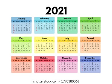 Calendar for 2021 isolated on a white background. Sunday to Monday, business template. Vector illustration