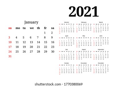 Calendar for 2021 isolated on a white background. Sunday to Monday, business template. Vector illustration
