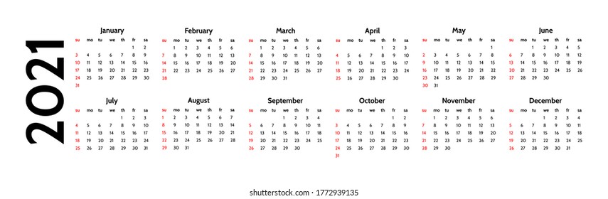 Calendar for 2021 isolated on a white background. Sunday to Monday, business template. Vector illustration