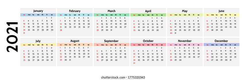 Calendar for 2021 isolated on a white background. Sunday to Monday, business template. Vector illustration