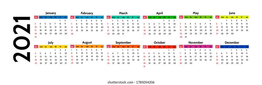 Calendar for 2021 isolated on a white background. Sunday to Monday, business template. Vector illustration