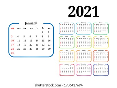 Calendar for 2021 isolated on a white background. Sunday to Monday, business template. Vector illustration
