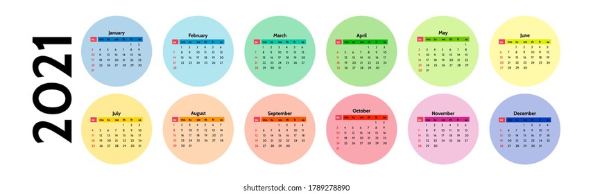 Calendar for 2021 isolated on a white background. Sunday to Monday, business template. Vector illustration