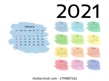 Calendar for 2021 isolated on a white background. Sunday to Monday, business template. Vector illustration
