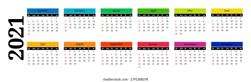 Calendar for 2021 isolated on a white background. Sunday to Monday, business template. Vector illustration