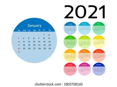 Calendar for 2021 isolated on a white background. Sunday to Monday, business template. Vector illustration
