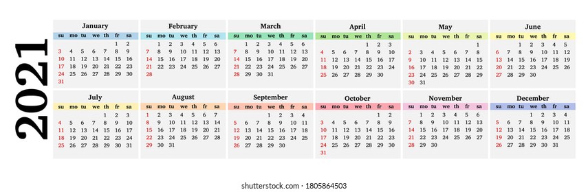 Calendar for 2021 isolated on a white background. Sunday to Monday, business template. Vector illustration