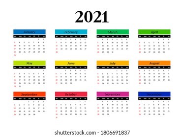 Calendar for 2021 isolated on a white background. Sunday to Monday, business template. Vector illustration