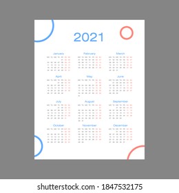 Calendar for 2021 isolated on a white background.