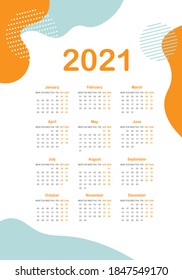 Calendar for 2021 isolated on a white background.